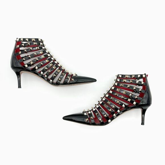 VALENTINO Rockstud Alcove Black Leather Boot Size 38 Pointed Toe Kitten Stiletto - Picture 9 of 11